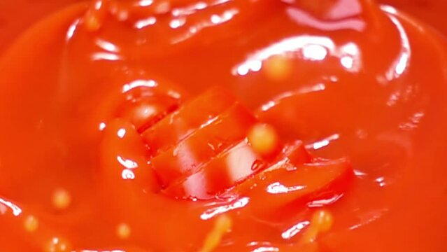 close up of natural tomato slices falling in juice, advertising of tropical fruit juice splashing, super slow motion