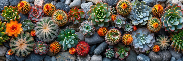 Fototapeta premium cactus and succulent garden on a bed of grey stones. top view, with empty copy space