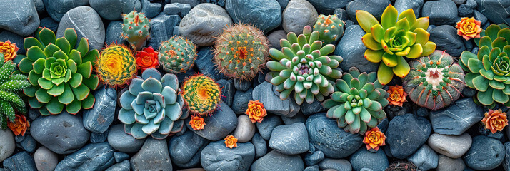 cactus and succulent garden on a bed of grey stones. top view, with empty copy space - obrazy, fototapety, plakaty
