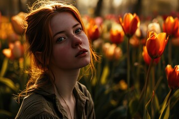 A woman enjoying the nature of fragrance orange tulip flower in a field Fictional Character Created by Generative AI.