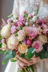 a beautiful bouquet of colorful flowers held by a bride or a person dressed in a wedding gown.