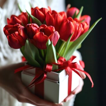  A woman holding a bouquet of red tulip flower and gift box in her hands. Crop Image.
