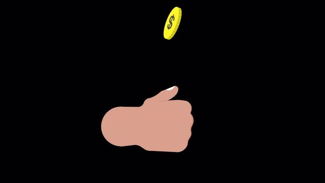 Hand flips coin, finance and toss animated video clip, 4K quality with transparent background.