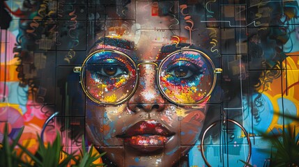 Colorful street art mural of a woman with vibrant glasses reflecting a multicultural urban environment.