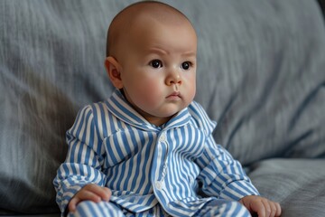 A cute infant or newborn baby boy in blue and white striped pajamas sitting on a bed. closeup image. Fictional Character Created by Generative AI. - Powered by Adobe