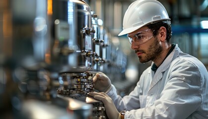 Bioprocess Engineering, Depict a biotechnology student working with bioreactors and fermentation tanks, monitoring parameters like pH and temperature