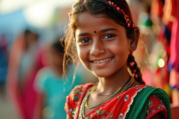 Smiling cute Indian girl wearing traditional green and red dress likely representing their culture. Fictional Character Created by Generative AI.