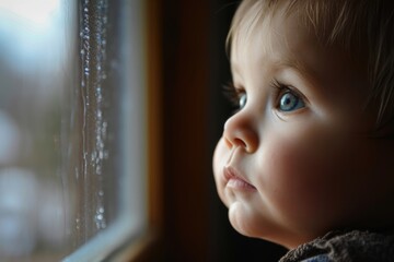 A Young Child Looking Out of a Rainy Window Fictional Character Created by Generative AI. - obrazy, fototapety, plakaty