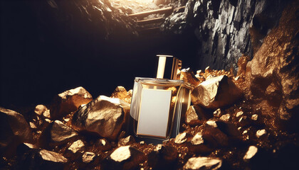 perfume  bottle in a goldmine , precious and expensive perfume branding mockup , white blank label 