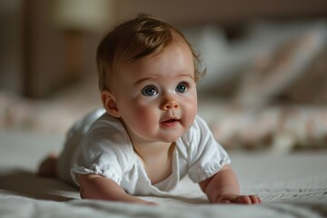 A cute blonde baby is playing on a bed, smiling at the camera. Fictional Character Created by Generative AI.