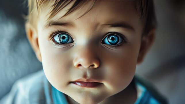  Close up image of cute infant or newborn baby face with captivating blue eyes. Fictional Character Created by Generative AI.