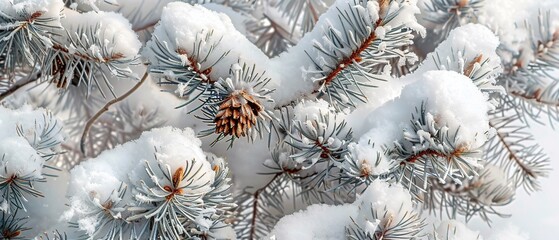 Snow-covered pine needles, close up, crisp detail, soft winter light