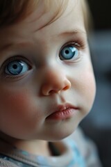  Close up image of cute infant or newborn baby face with captivating blue eyes. Fictional Character Created by Generative AI. - obrazy, fototapety, plakaty