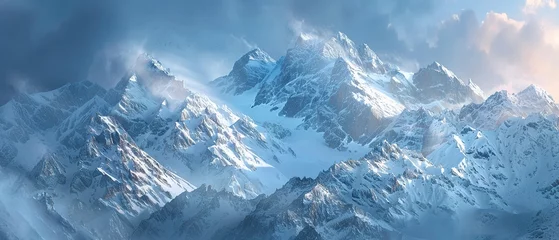 Fotobehang Snow-capped mountain detail, close up, crisp texture, soft morning light © Thanthara