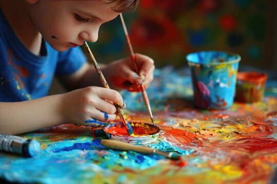  A young child creating artwork on a paint filled table.  Fictional Character Created by Generative AI.