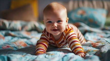 A Smiling Baby Lying on a Bed Fictional Character Created by Generative AI. - obrazy, fototapety, plakaty