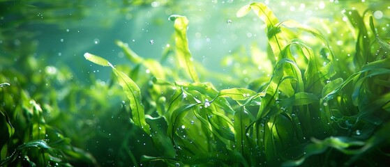 Fototapeta na wymiar Seaweed swaying, close up, lush green, soft focus, sunlight streams