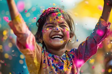  The Colorful Little Girl with Painted Face and Hair During Holi Celebration. Fictional Character Created by Generative AI.
