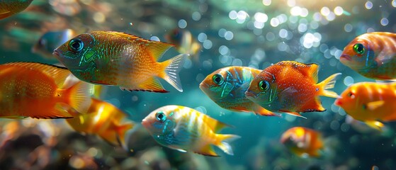 School of tropical fish, close up, rainbow colors, clear water, soft light