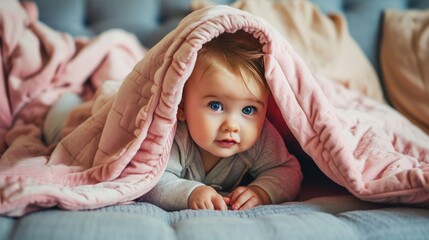 A blonde baby wrapped in a blanket with a soft and innocent look on their face.  Fictional Character Created by Generative AI.
