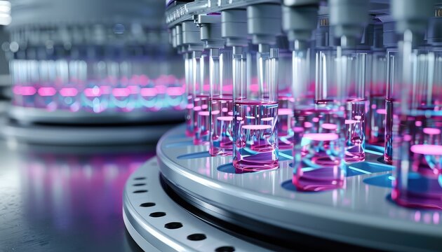 Protein Expression and Purification, Illustrate researchers purifying recombinant proteins using chromatography columns or protein purification systems in the lab