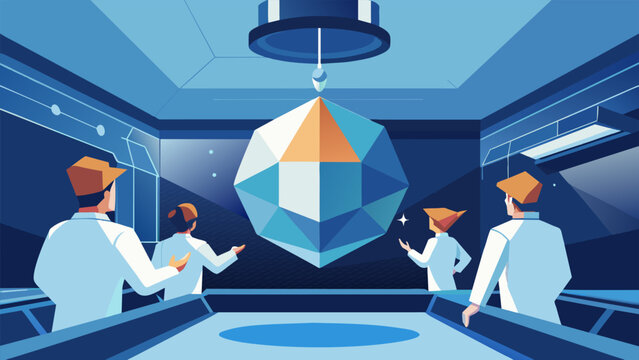 Inside a spinning spacecraft a group of scientists observe a crystal growth experiment in progress. The centrifugal force created by the