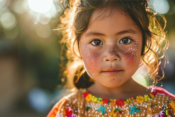 Fascinating Little girl with glitter makeup paint on her face in bokeh light background. Fictional Character Created by Generative AI.