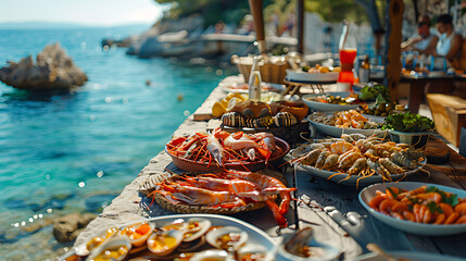 a full table with shrimps, 
A table laden with succulent shrimp delicacies, ready to tantalize taste buds and elevate dining experiences. - obrazy, fototapety, plakaty