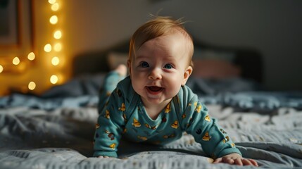 A cute blonde baby is playing on a bed, smiling at the camera. Fictional Character Created by Generative AI. - obrazy, fototapety, plakaty