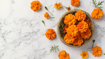 A delightful arrangement of vibrant orange marigolds in a woven basket, set against a white backdrop. Mother's Day, Women's Day, Valentine's Day, greeting cards, invitation cards concepts, top view.