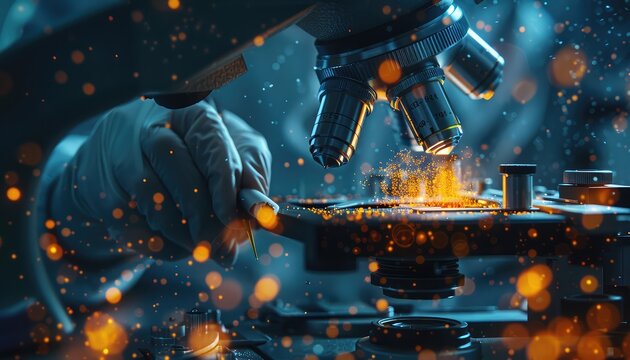 Microscopy in Biotechnology, Illustrate researchers using advanced microscopes, such as fluorescence or confocal microscopy, to examine cellular structures or visualize fluorescently labeled molecules