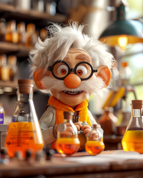 bright illustration depicting a chemist professor conducting scientific experiments