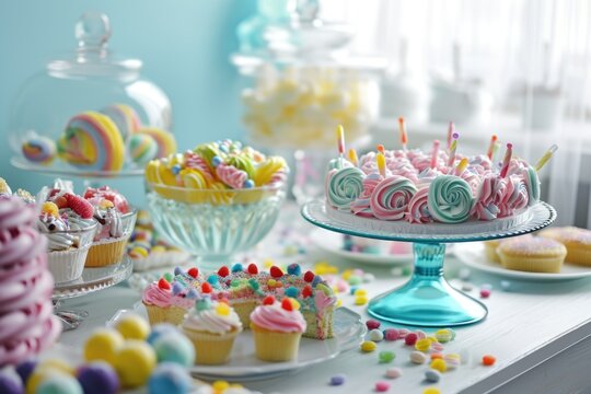 Candy-themed birthday celebration with cakes, cupcakes, and candies on table.