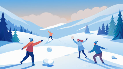 Amidst a blanket of fresh snow a group of children playfully pelt each other with snowballs creating a flurry of white amidst the serene winter