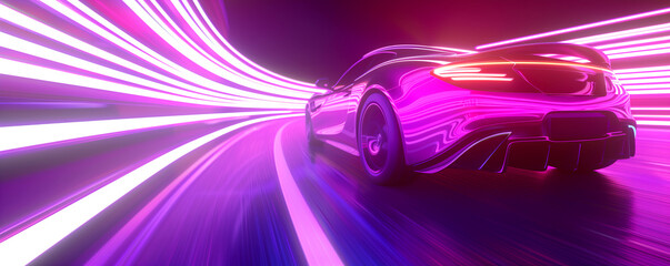 The concept of a sports electric car rushing at high speed along the highway in neon colors