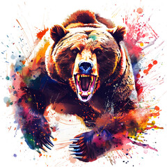 Watercolor painting a wild Grizzly bear in full roar charging directly towards the camera with a fierce expression. 