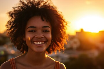 A beautiful woman with curly hair smiling brightly during a sunset Fictional Character Created by Generative AI. - obrazy, fototapety, plakaty