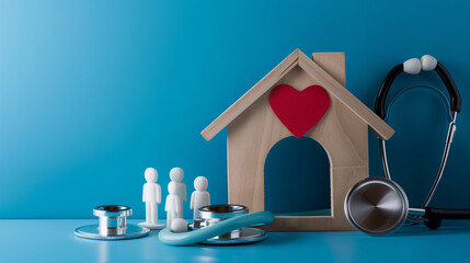 A wooden family silhouette with a stethoscope and a house with a heart symbol, conveying the concept of healthcare at home.