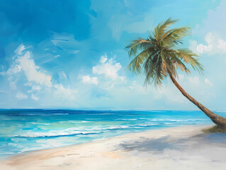 Fototapeta na wymiar Oil Painting Palm Wall Art, Beach with Palm, Summertim, generated ai