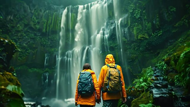 A young couple and a beautiful young woman in hiking clothes with backpacks walk along a hiking trail near a green and quiet natural waterfall, standing and looking at a waterfall in the forest.
