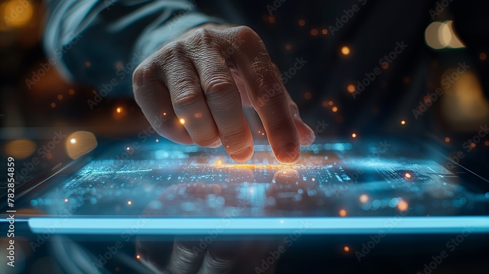 Poster a hand interacts with a glowing, futuristic touchscreen displaying abstract data and particles, symb