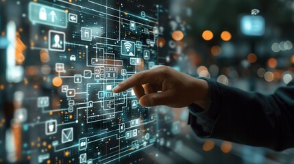 A person interacting with a digital interface, showcasing technology concepts and data visualization in a futuristic setting.