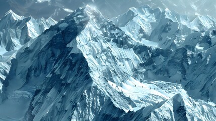 Conquering Heights D Rendered Satellite View of Everest and Climbers Ascending the Treacherous Trail Generative ai
