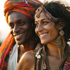 A happy young couple poses for a picture in exotic attire Fictional Character Created by Generative AI.