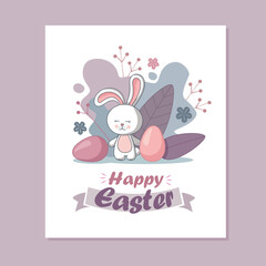 Happy Easter card with rabbit, eggs, spring flowers