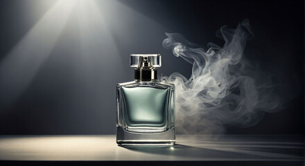 Luxury perfume bottle closeup on black elegance background. Mockup of a black perfume bottle on a dark empty background. Horizontal. - obrazy, fototapety, plakaty