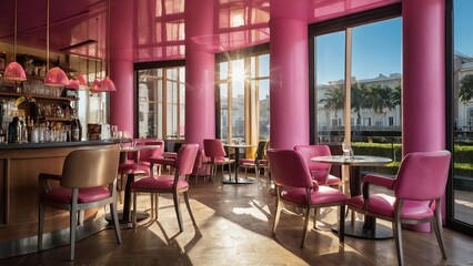 Fototapeta na wymiar Interior of modern cafe with pink walls, round table with white chairs and bar counter with bottles on shelves. 3d rendering