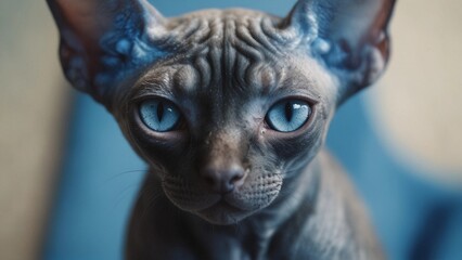 Close-up portrait of a Sphynx cat on a blue background