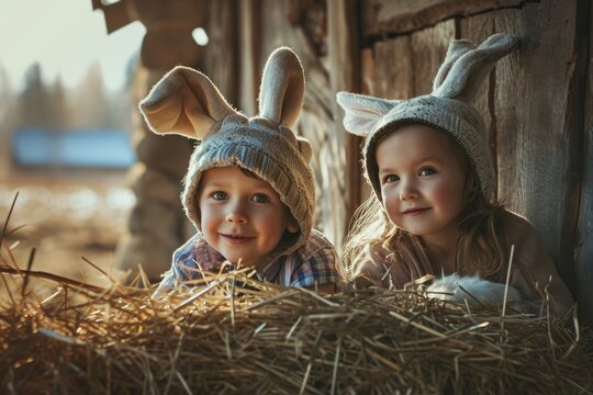 Adorable children wearing bunny ears and smiling for the camera