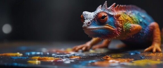 Iguana in colorful paints, close-up, isolated background